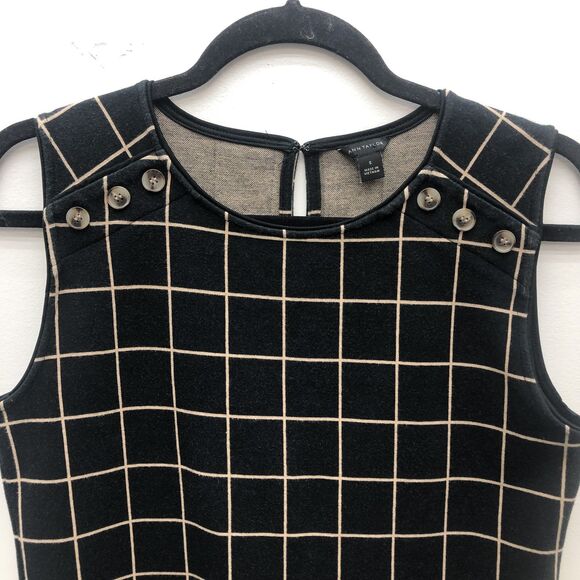 Ann Taylor Sleeveless Top Womens Small Black Tan Windowpane Grid Button Detail - Picture 3 of 10